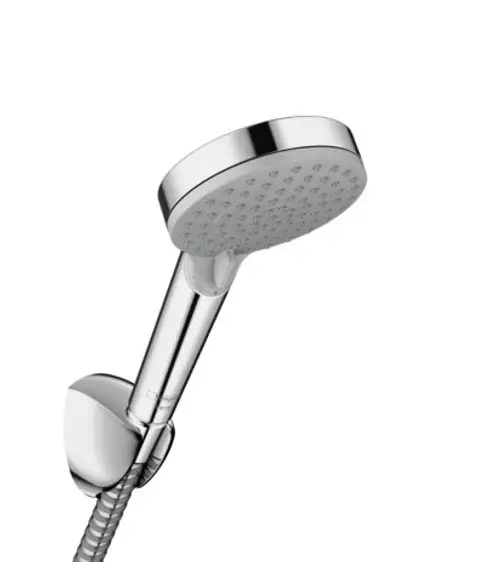 Brausekopf in Chrom mit flexibler Halterung und Schlauch. Das Produkt stammt von Hansgrohe und zeigt eine runde Form sowie eine glatte Oberfläche.
